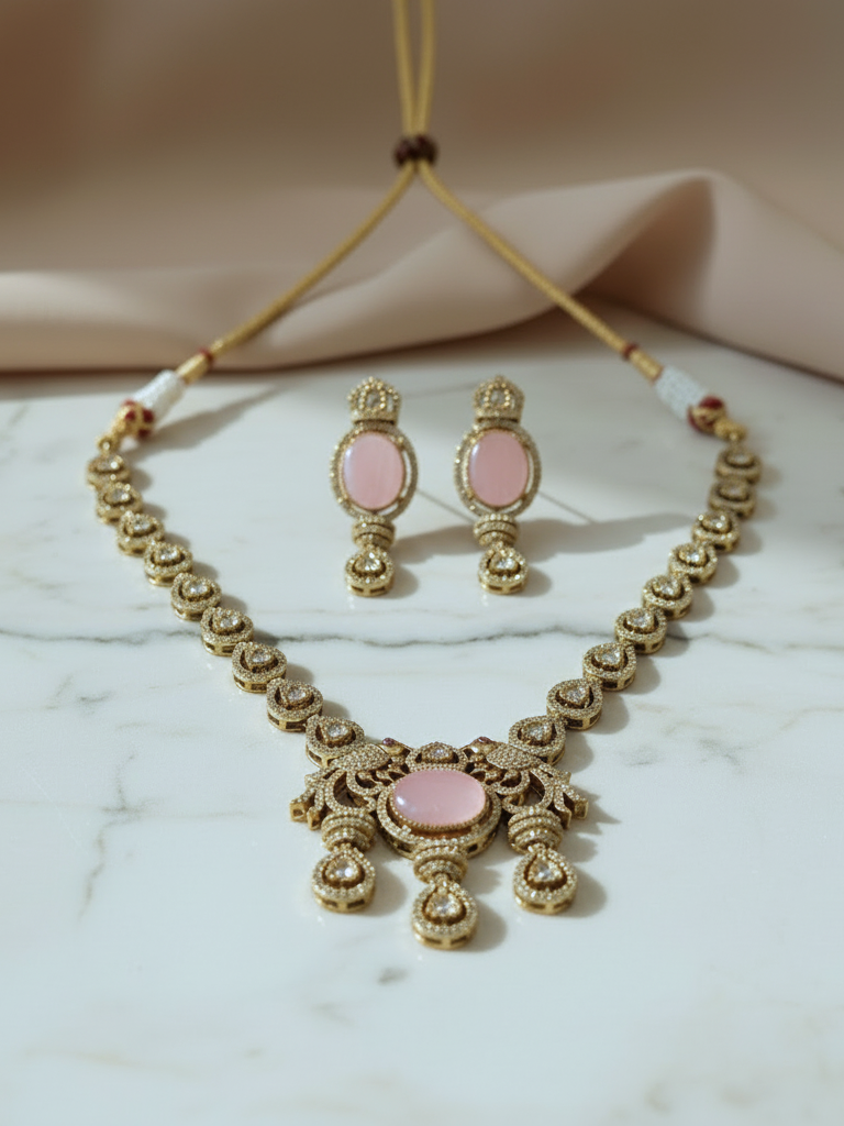 Blush Pink Polki Necklace Set with Matching Earrings