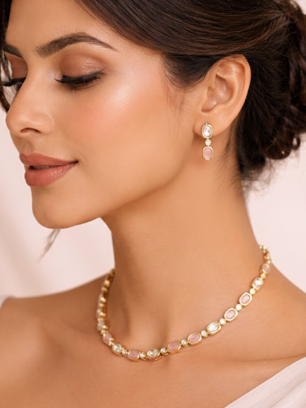 Blush Pink Moissanite Polki Necklace Set with Earrings
