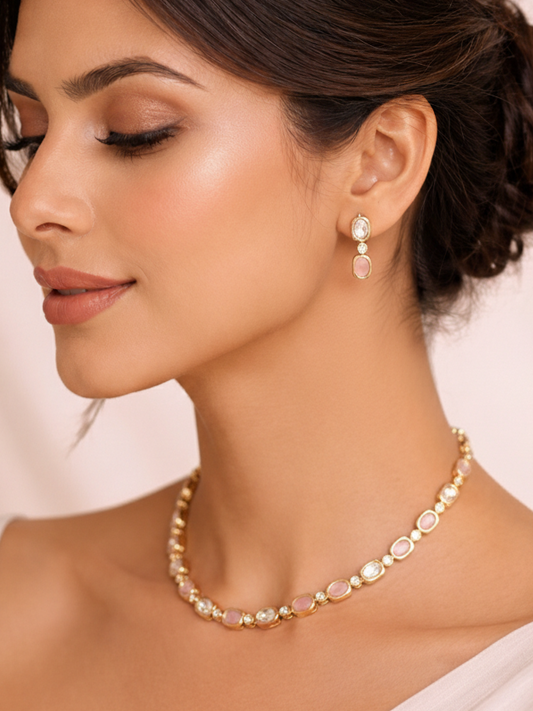 Blush Pink Moissanite Polki Necklace Set with Earrings
