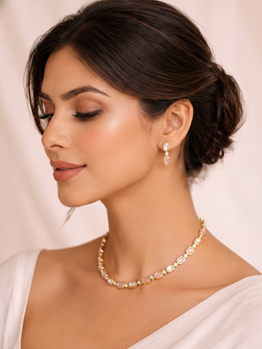 Blush Pink Moissanite Polki Necklace Set with Earrings