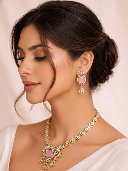 Blush Pink Polki Necklace Set with Matching Earrings