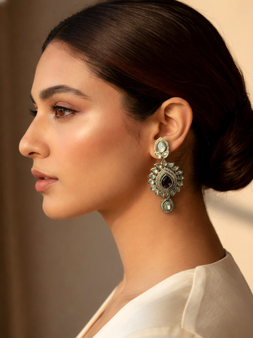 Polki Teardrop Earrings with Purple Stone