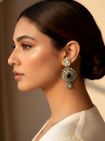 Polki Teardrop Earrings with Purple Stone