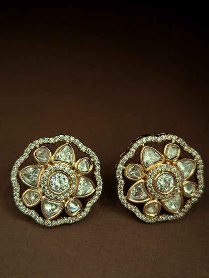 Golden Polki Stud Earrings with Floral Design