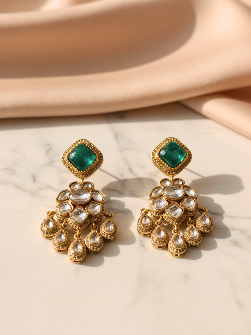 Green Polki Dangler Earrings