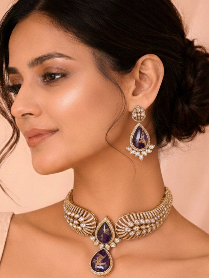 Purple Stone Polki Hasli Necklace Set with Matching Earrings