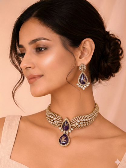 Purple Stone Polki Hasli Necklace Set with Matching Earrings