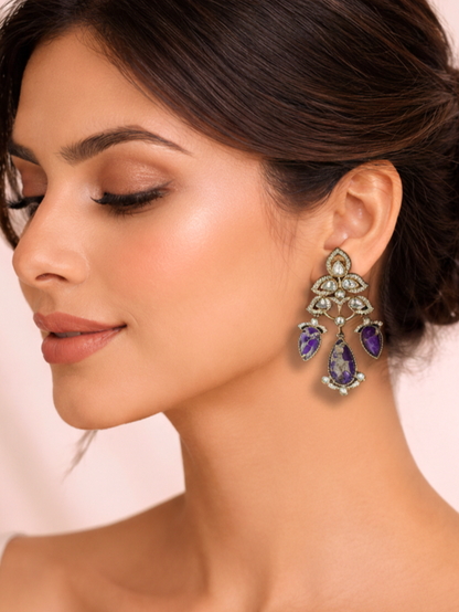 Purple Stone Polki Dangler Earrings