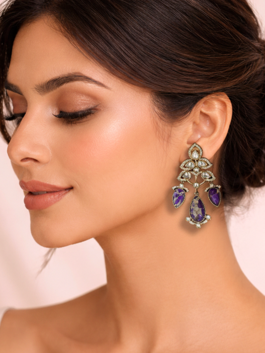 Purple Stone Polki Dangler Earrings