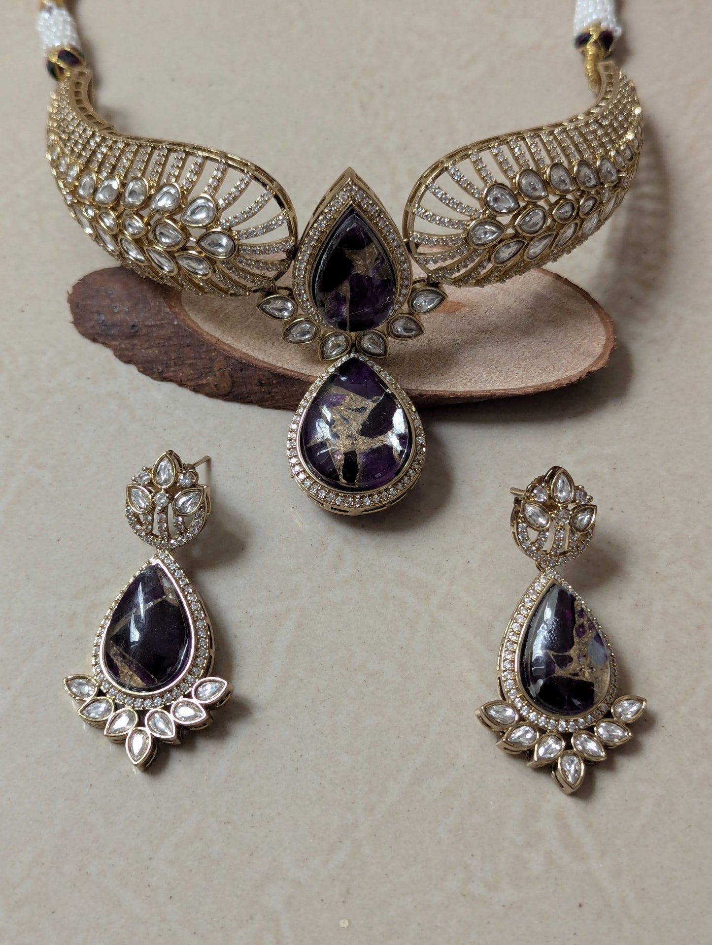 Purple Stone Polki Hasli Necklace Set with Matching Earrings