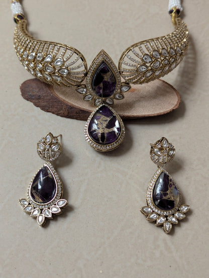 Purple Stone Polki Hasli Necklace Set with Matching Earrings