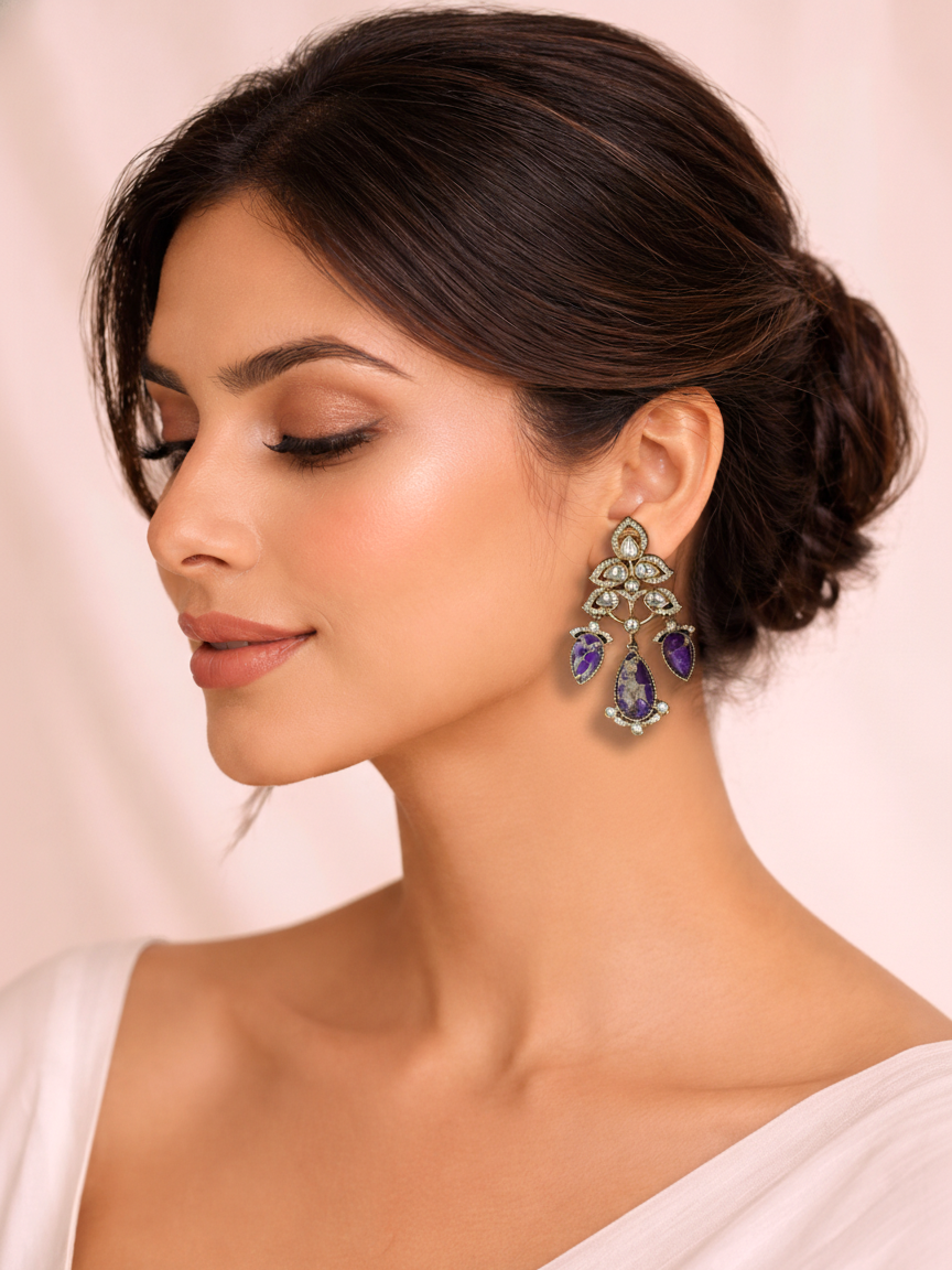 Purple Stone Polki Dangler Earrings