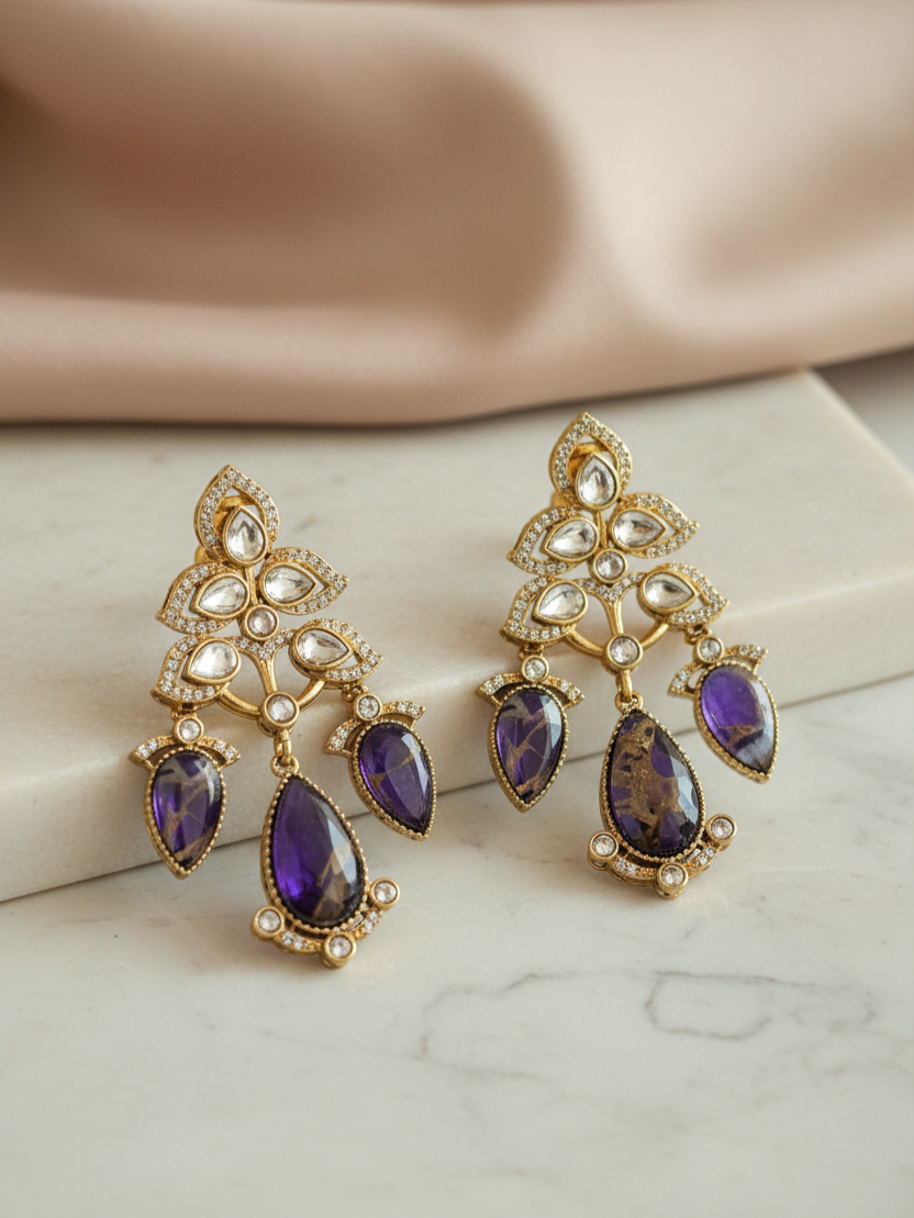 Purple Stone Polki Dangler Earrings