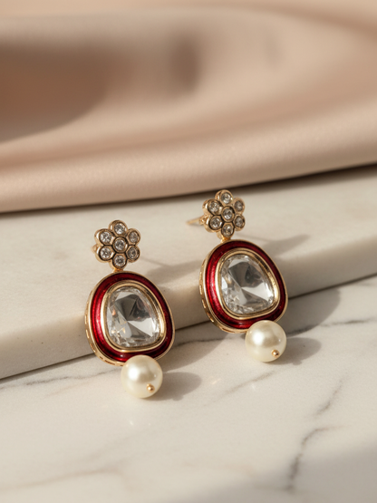 Red Enamel Polki Drop Earrings with Pearl