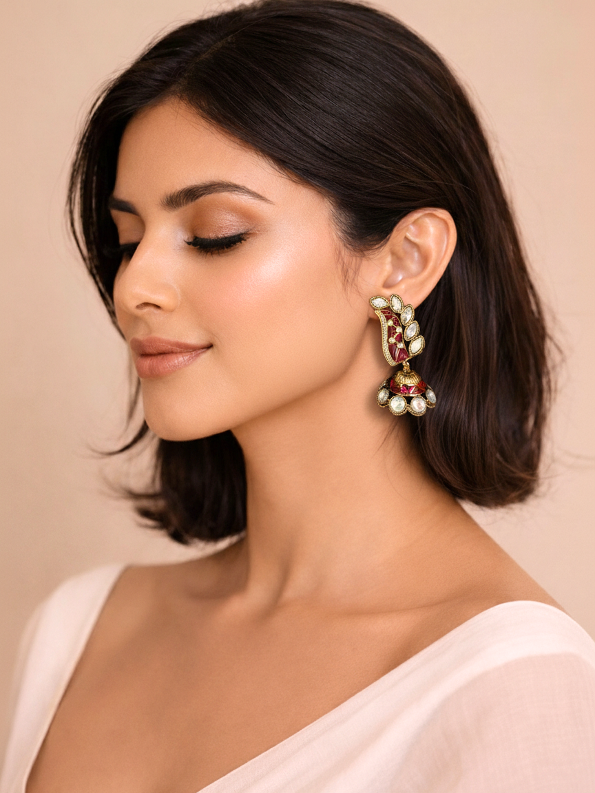 Ruby Enamel Polki Jhumka Earrings