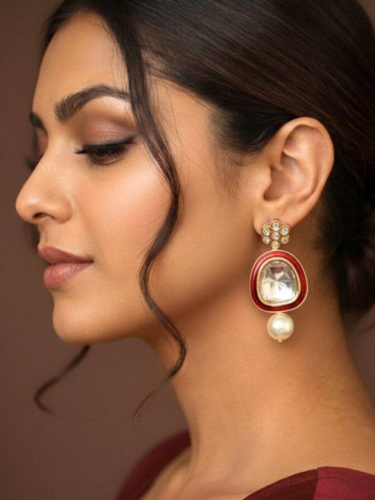 Red Enamel Polki Drop Earrings with Pearl