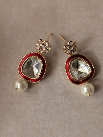 Red Enamel Polki Drop Earrings with Pearl