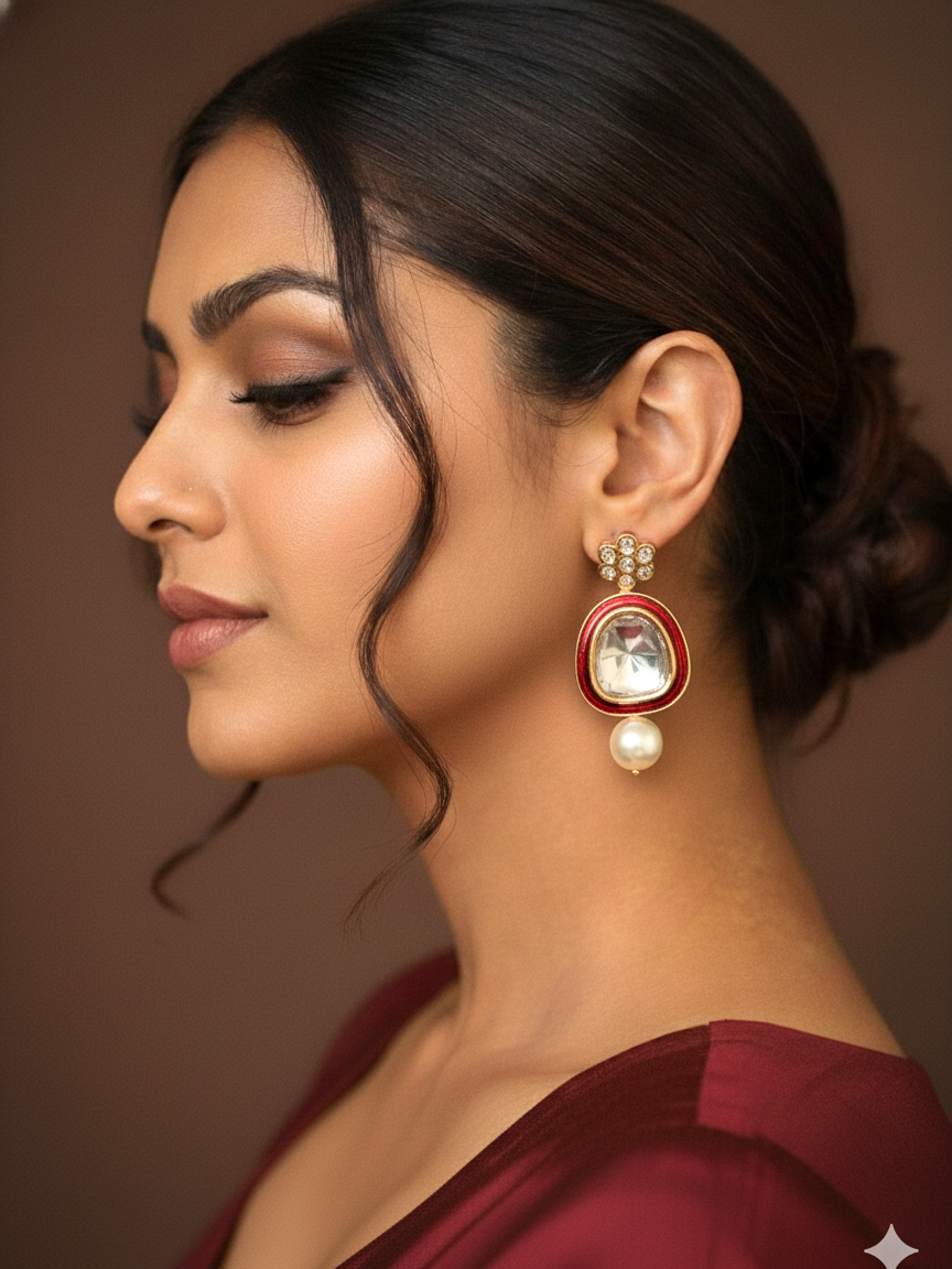 Red Enamel Polki Drop Earrings with Pearl