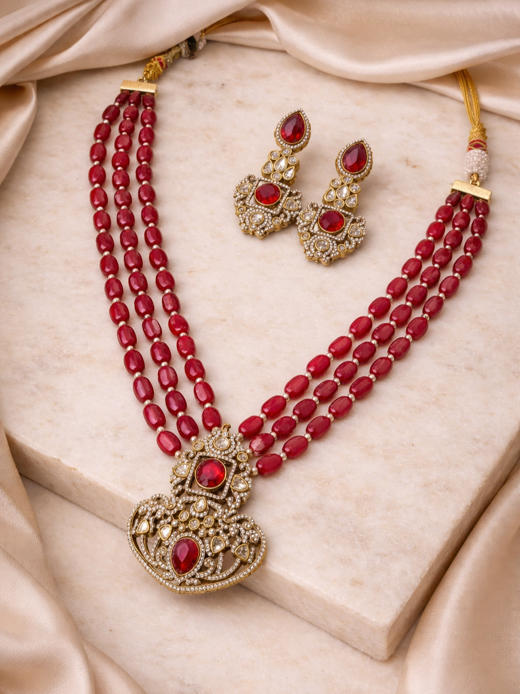 Ruby Beaded Rani Haar Polki Necklace Set