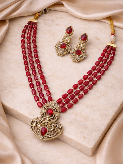 Ruby Beaded Rani Haar Polki Necklace Set