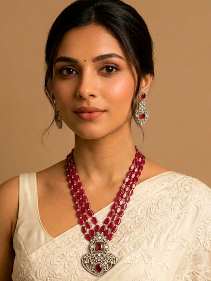 Ruby Beaded Rani Haar Polki Necklace Set