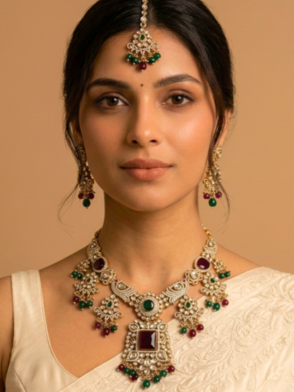 Ruby & Emerald Polki Bridal Necklace Set with Statement Earrings