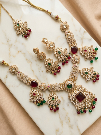 Ruby & Emerald Polki Bridal Necklace Set with Statement Earrings