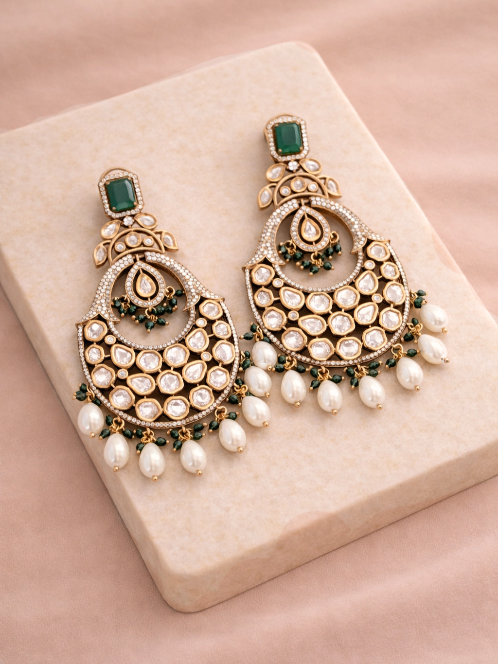 Dark Green Polki Chandbali Earrings with Pearls