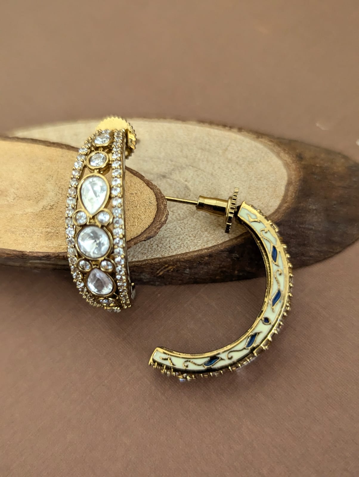 Polki Inspired Hoop Earrings with Blue Meenakari