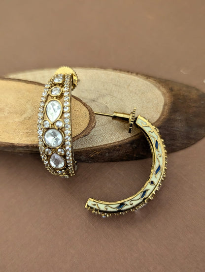 Polki Inspired Hoop Earrings with Blue Meenakari