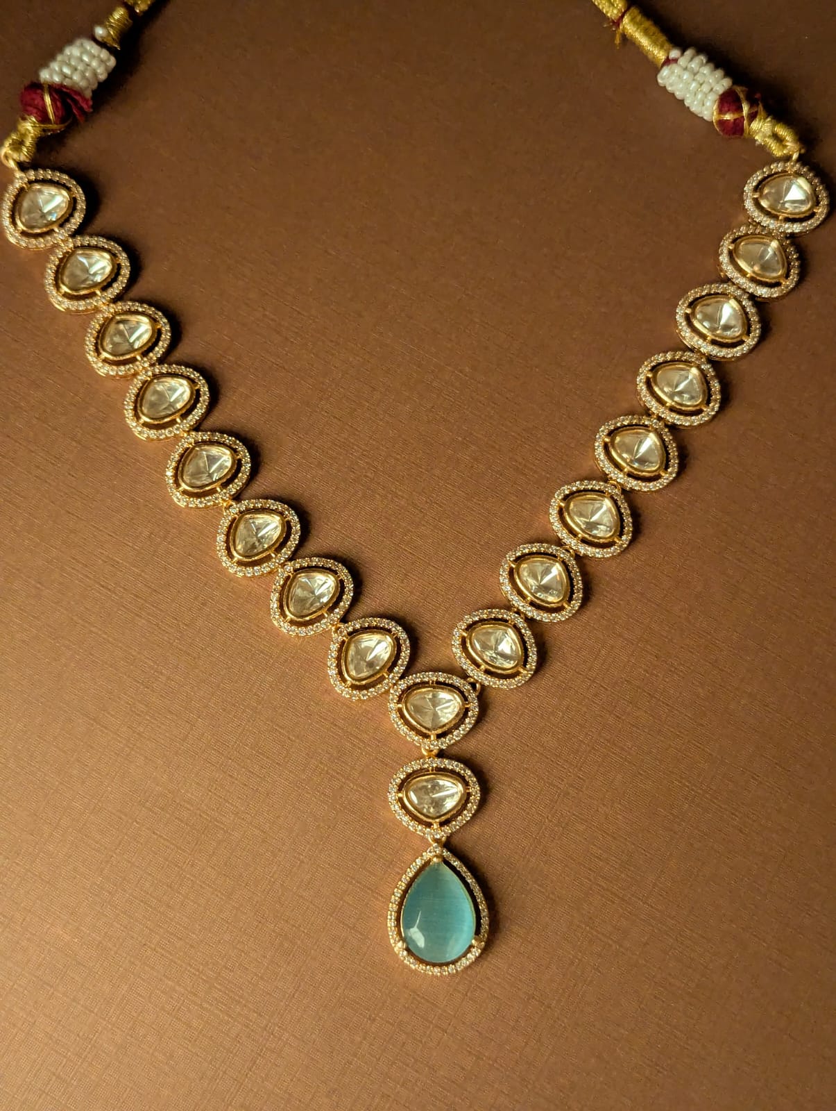 Aqua Polki Single Line Necklace Set
