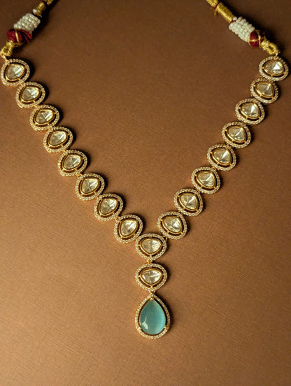 Aqua Polki Single Line Necklace Set