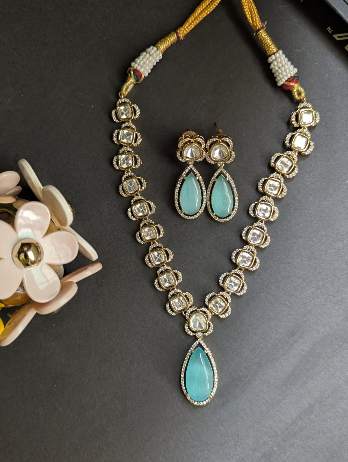 Polki Style Aqua blue Choker Necklace & Earring Set