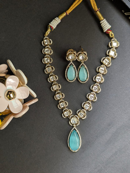 Polki Style Aqua blue Choker Necklace & Earring Set
