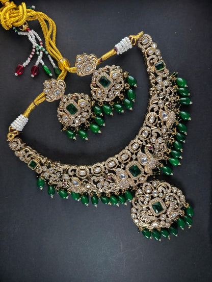 Polki-Inspired Emerald Green Necklace Set with Matching Earrings