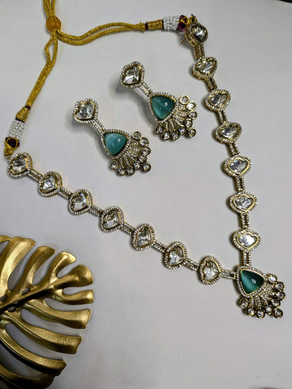 Polki Heart Necklace & Earring Set with Mint green Stones