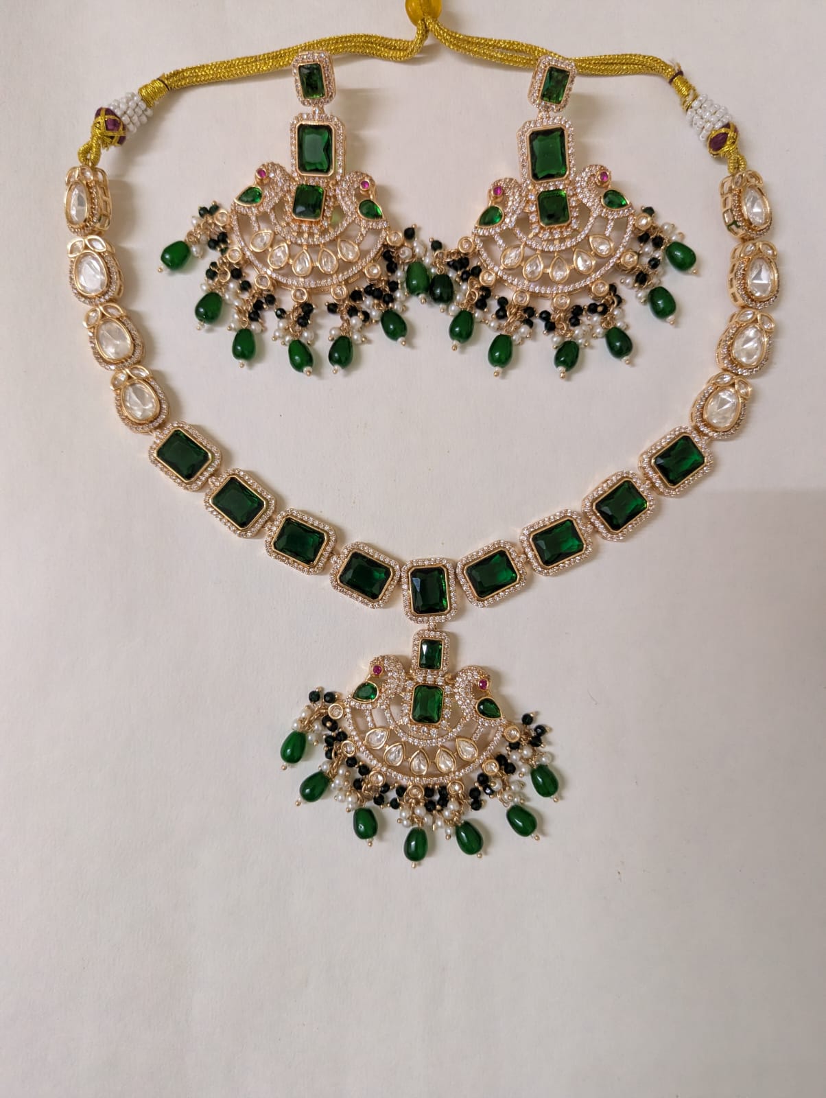 Emerald Green Polki Necklace Set with Statement Earrings