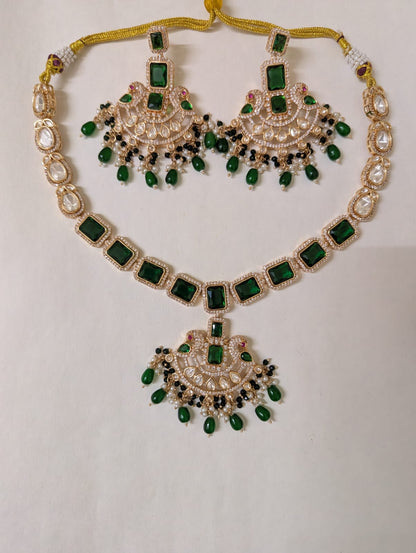 Emerald Green Polki Necklace Set with Statement Earrings