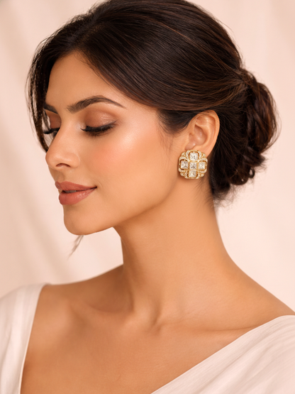 Square Polki Stud Earrings in Gold Finish