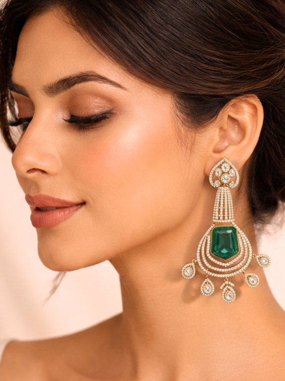 Mint Green Polki Chandelier Earrings with Diamond Drops
