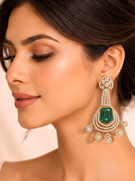 Mint Green Polki Chandelier Earrings with Diamond Drops
