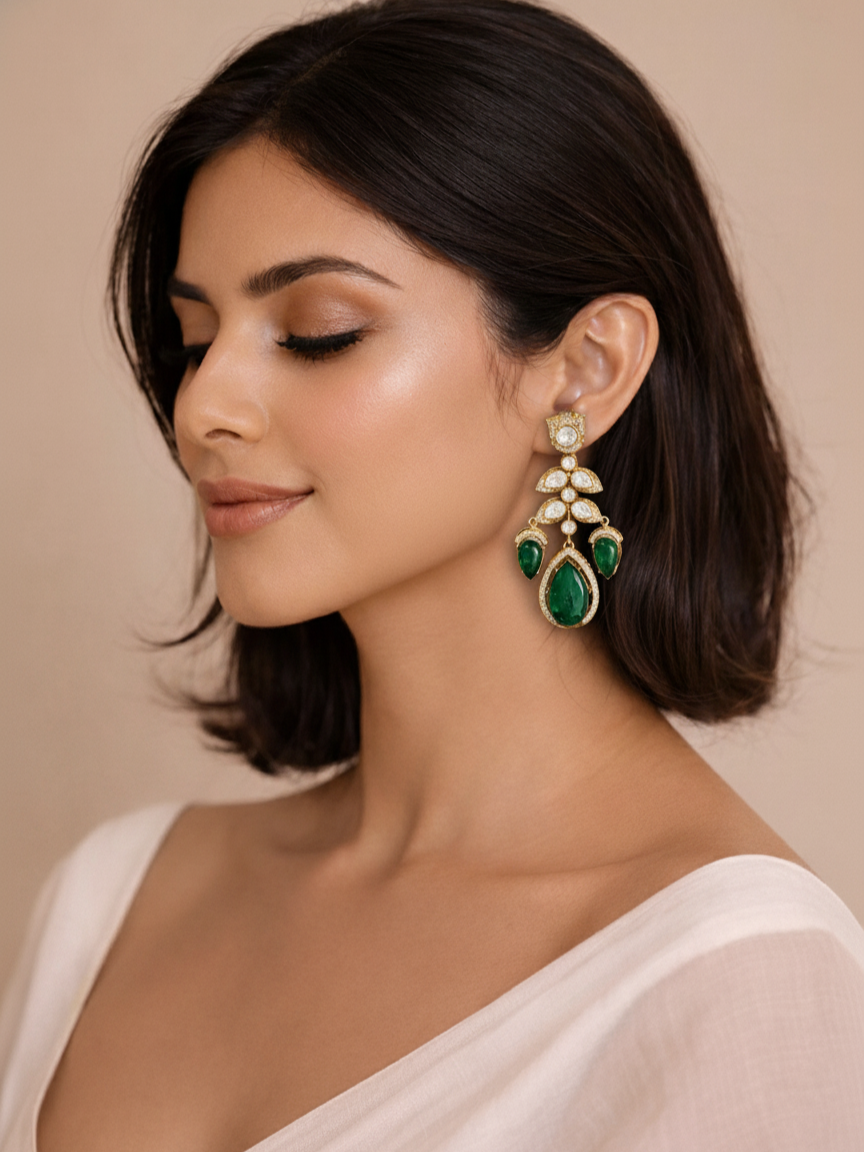 Emerald Teardrop Statement Earrings with Polki Accents
