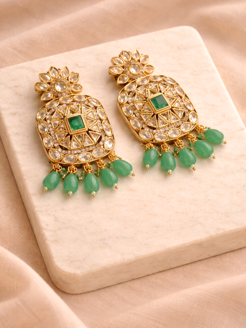 Polki Floral Earrings with Mint Green Drops