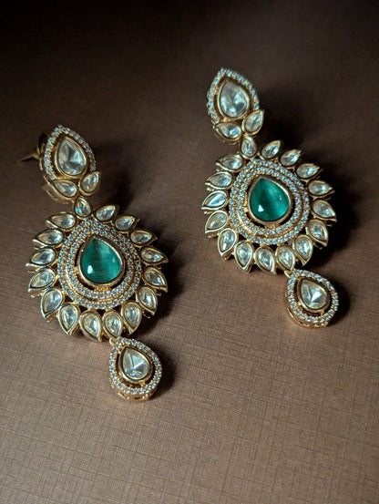 Polki Teardrop Earrings with Mint Green Stone