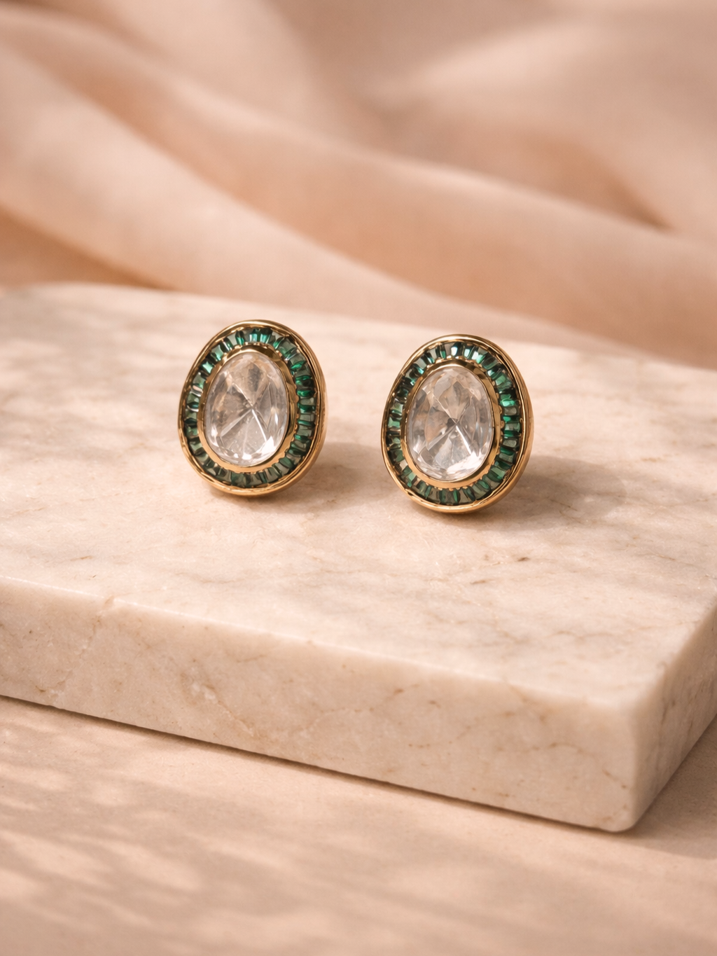 Emerald Green Polki Oval Stud Earrings
