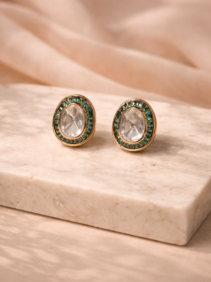 Emerald Green Polki Oval Stud Earrings