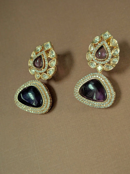 Polki Drop Earrings with Purple Stones