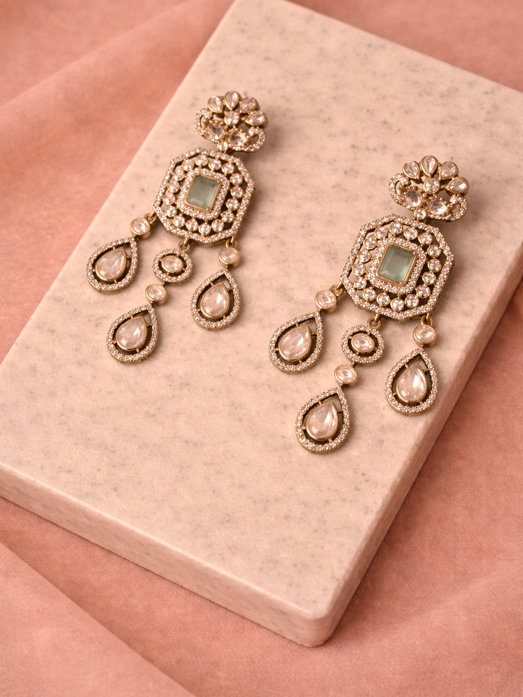 Polki Drop Earrings with Aqua Blue Centre Stone