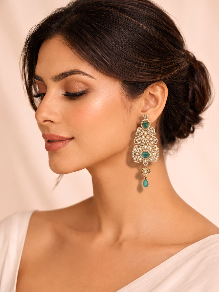 Aqua Blue Polki Statement Drop Earrings
