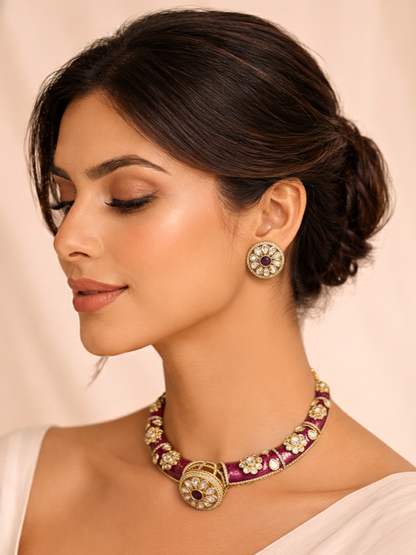 Purple Enamel Polki Hasli Necklace Set with Stud Earrings